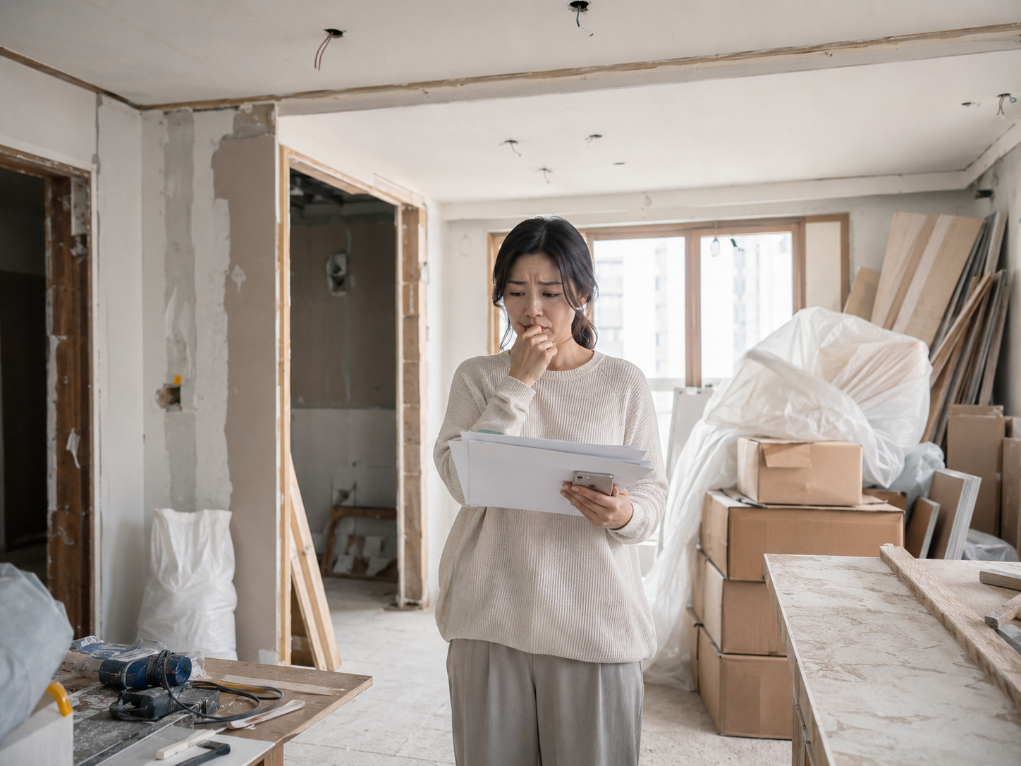 공사 중인 현장에서 걱정스러운 표정으로 서류를 보는 사람