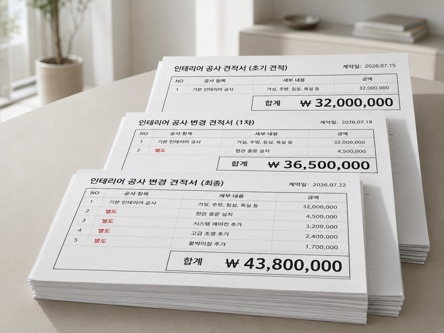 계단식으로 늘어나는 견적서 3장 비교