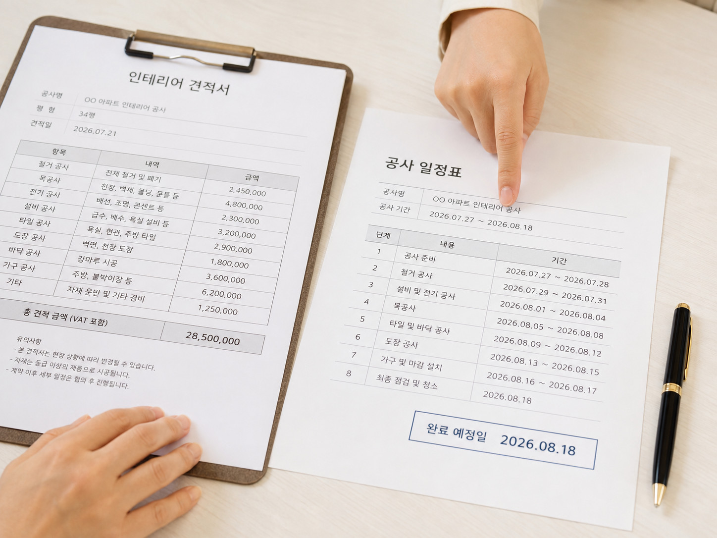 공사 완료 예정일이 표시된 일정표