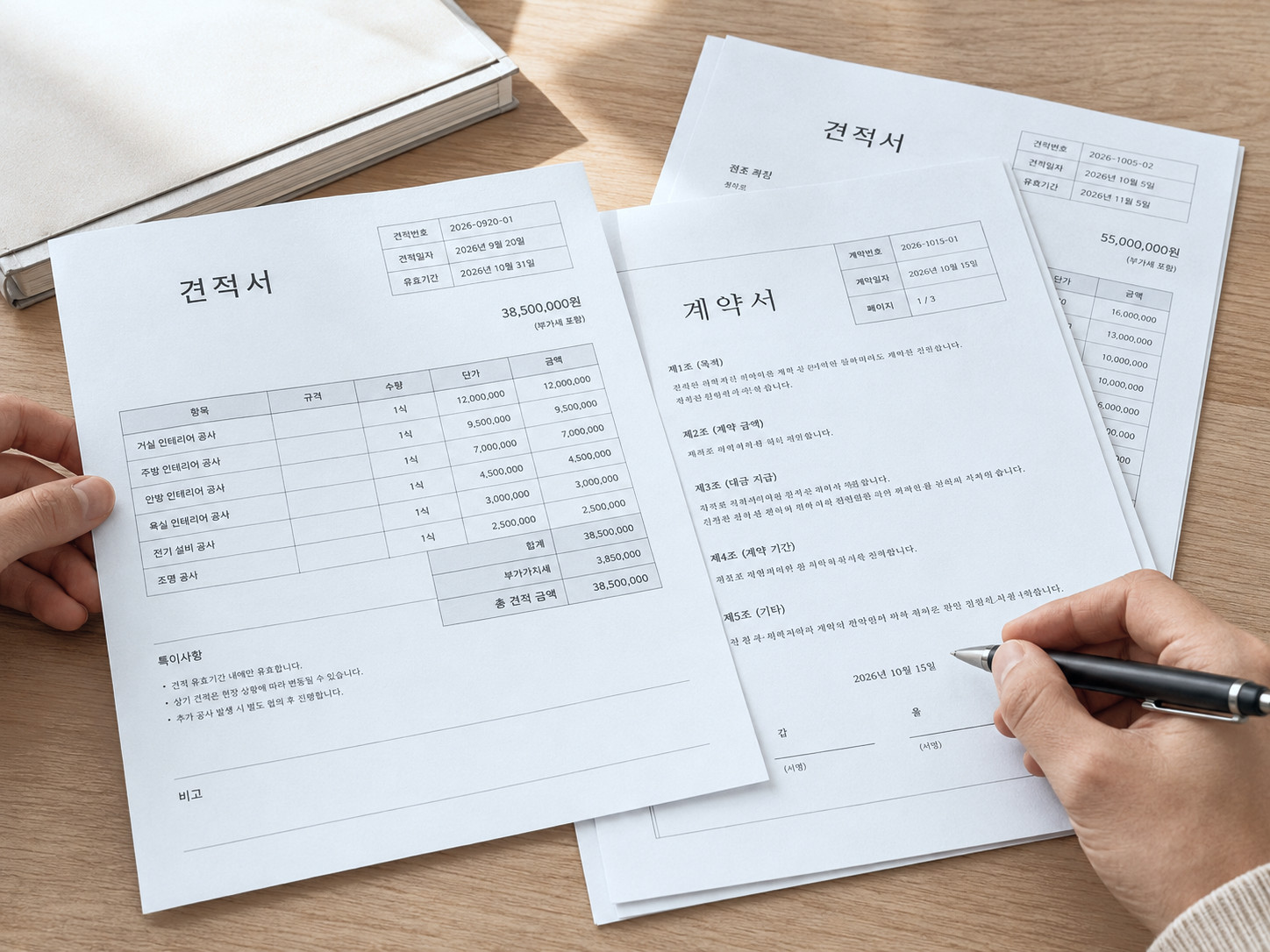 상담 테이블 위에 놓인 견적서와 계약서